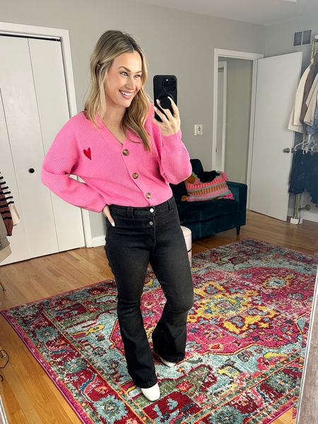 Valentine’s Day outfit / flare pants, pink cardigan and white booties 

#LTKstyletip #LTKshoecrush #LTKunder50