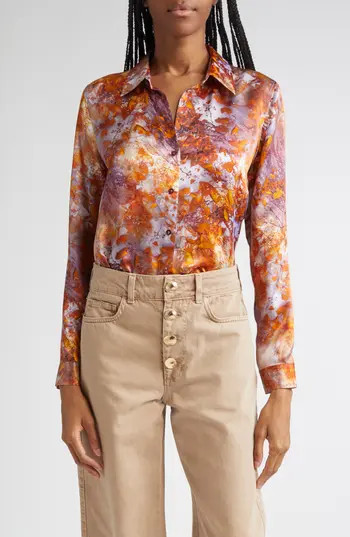L'AGENCE Tyler Leaf Print Silk Button-Up Shirt in Mauve Multi Autumn Leaves at Nordstrom Rack, Size X-Small | Nordstrom Rack