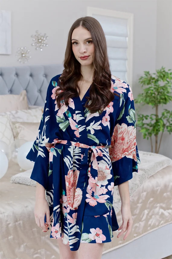 NAVY BLUE Cotton Robe Floral Ruffle Flounce Bridesmaid Gift - Etsy | Etsy (US)
