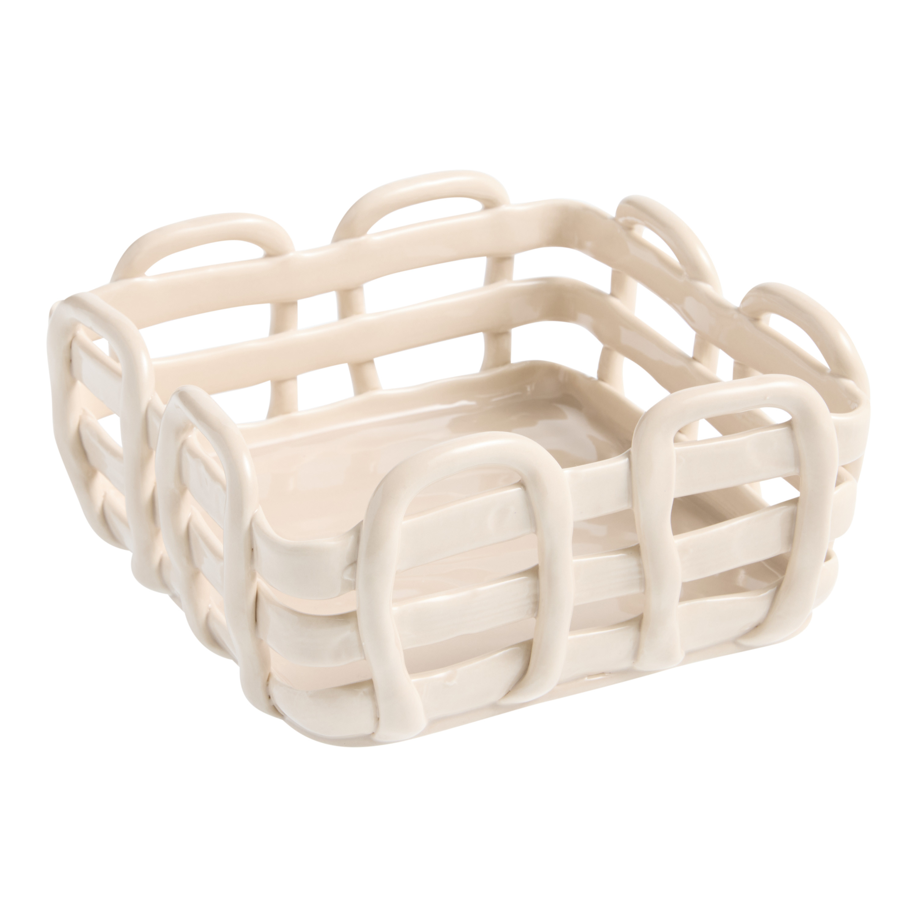 Square Light Taupe Ceramic Open Weave Fruit Basket | World Market