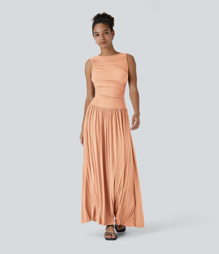 Women’s Ribbed Boat Neck Asymmetric Strap Ruched Side Pocket Flowy Maxi Casual Dress - Halara | HALARA