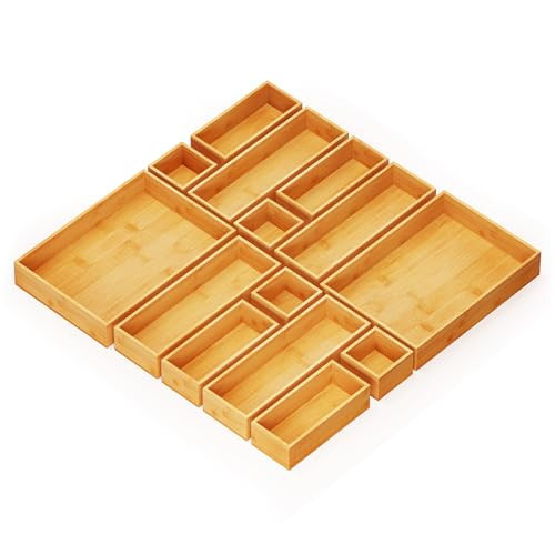SpaceAid 14-Piece Bamboo Drawer Organizer Storage Boxes Set, Wood Tray Junk Drawer Organizers Multi-Use Divider Bins for Kitchen, Bathroom, Office Desk and Makeup Organization (14 Pack, Natural) | Amazon (US)