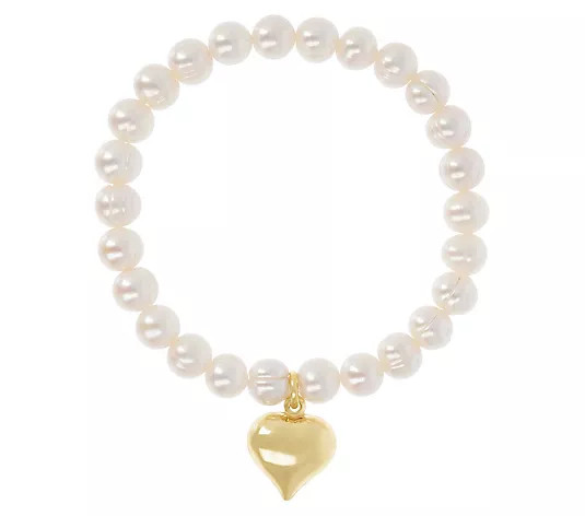 Honora Cultured Pearl Heart Charm StretchBracelet - QVC.com | QVC