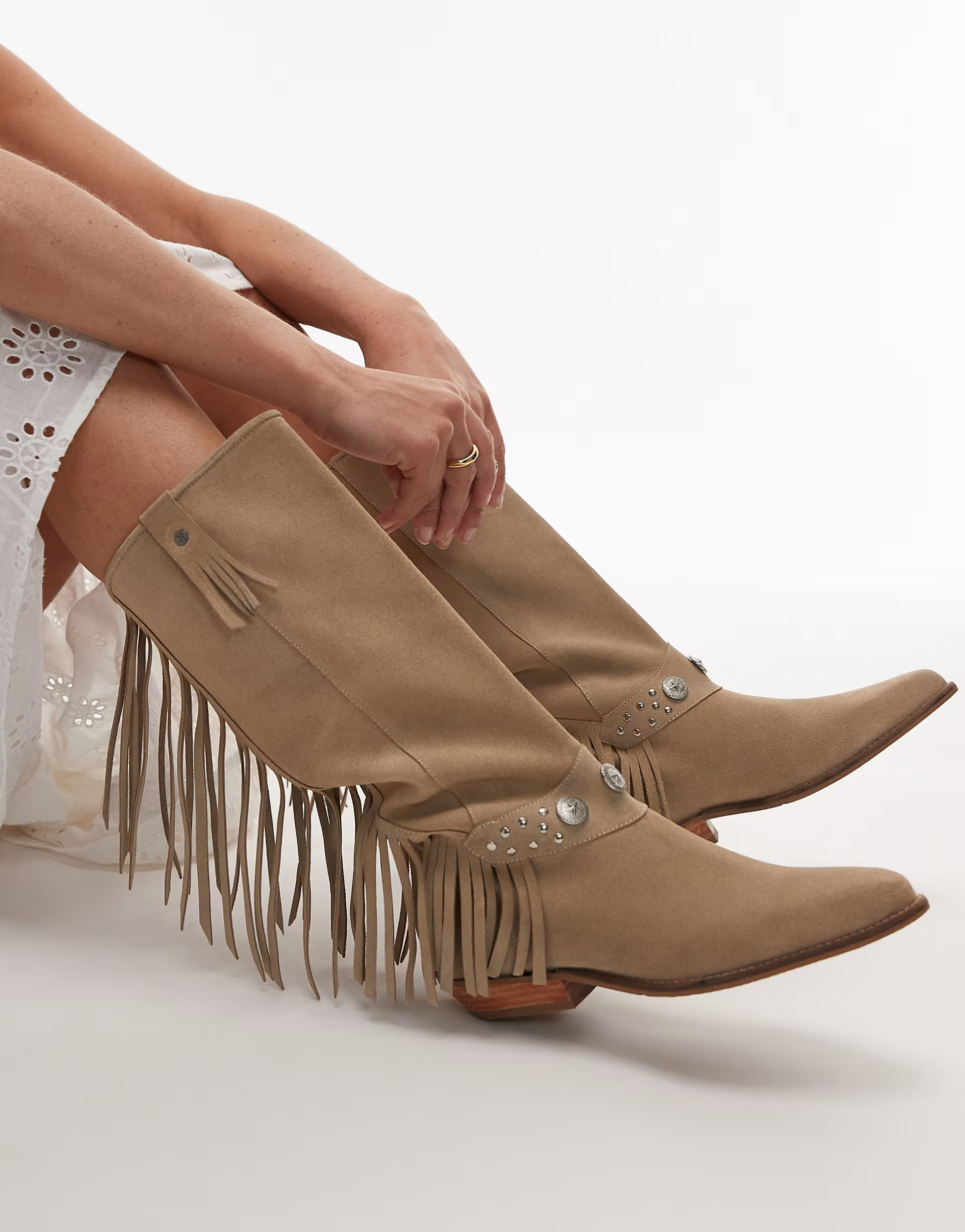 Bronx Kendr-a tassel western knee boots in oatmilk washed suede | ASOS (Global)
