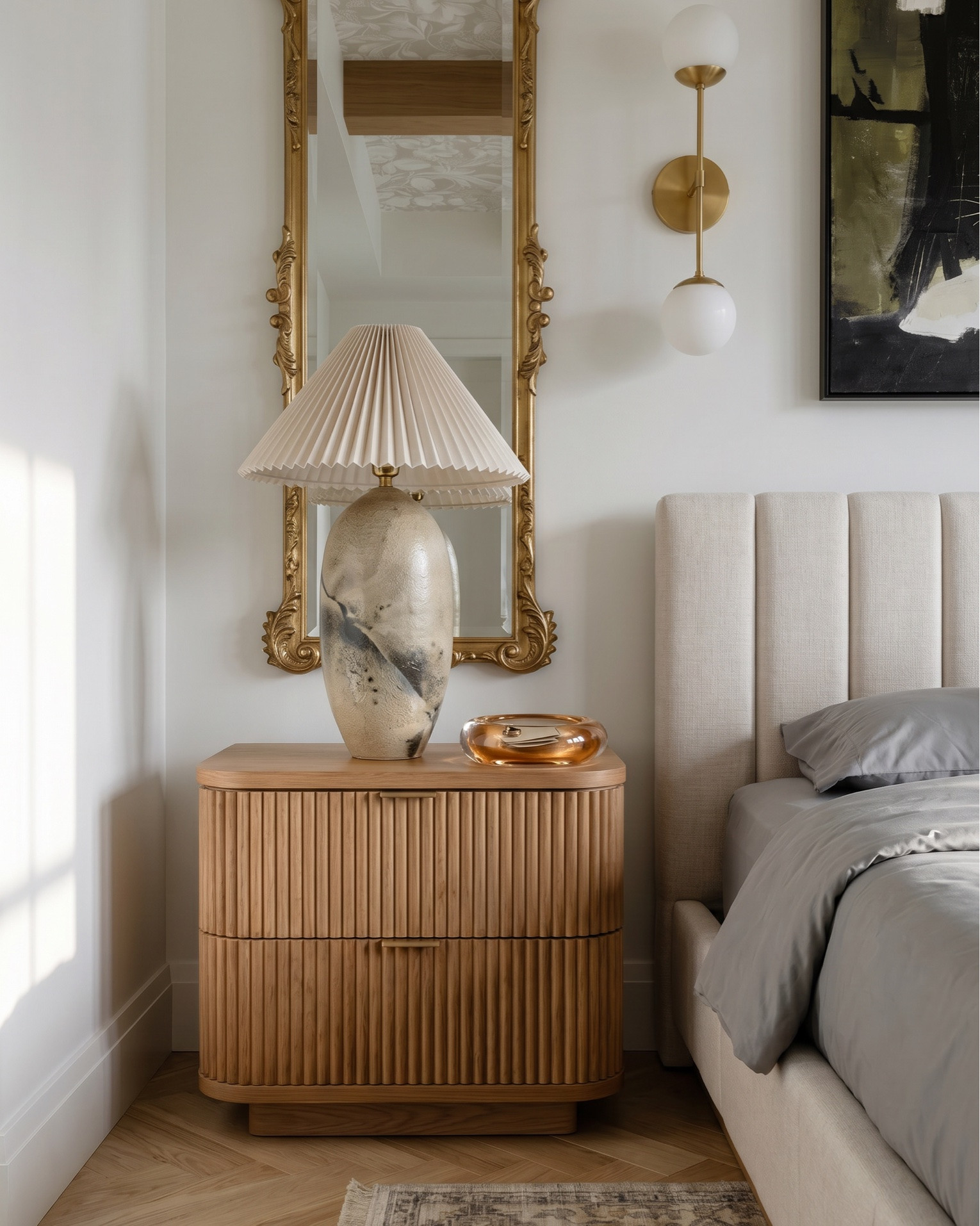 Shop the look:
* Upholstered platform bed
* Boucle bedroom bench
* Fluted wood nightstands
* Light oak six-drawer dresser
* Neutral vintage-style area rug
* Brass globe chandelier
* Brass double globe wall sconces
* Ornate gold wall mirrors
* Abstract black wall art
* Floral ceiling wallpaper
* Exposed natural wood ceiling beams
* Ceramic pleated table lamp
* White textured bedding
* Olive green knit throw blanket
* Green geometric accent pillow
* Decorative floral vase
* Modern ceramic decor vase
* Minimalist candle decor
* Mounted flat-screen TV
* Herringbone hardwood flooring
* Neutral upholstered bench seating
* Contemporary bedroom decor accessories
* Warm modern organic home decor
* Neutral coloured wall art
* Decor books
* Decorative brass tray

#LTKsale #LTKhome #LTKstyletip
