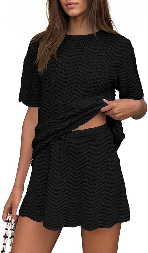 Fisoew Womens Crochet Swimsuit Coverup 2 Piece Skirt Sets Bathing Suit Cover Up Knit Beach Vacati... | Amazon (US)