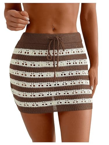 WDIRARA Women's Striped Crochet Drawstring Beach Cover Up Skirt Hollow Out Bathing Suit Summer Swimsuit Cover Ups Brown X-Large | Amazon (US)