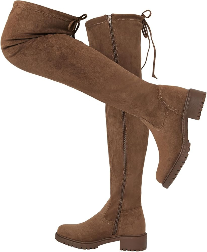 Women's Suede Over The Knee Boots Round Toe Side Zipper Flat Booties Thigh High Boots | Amazon (US)