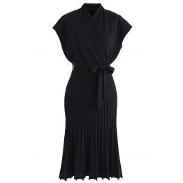 Pleated Sleeveless Wrapped Knit Dress in Black | Chicwish