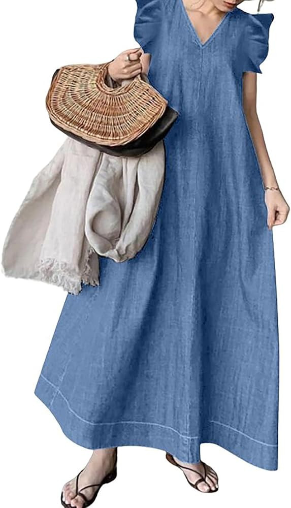 utcoco Womens Long Denim Dress Casual Loose Fit Ruffle Sleeveless V-Neck Jean Maxi Dresses for Wo... | Amazon (US)