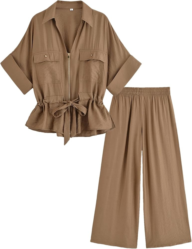 Mingzhu Women's 2 Piece Outfits Short Sleeve Zipper Drawstring Waist Safari Shirts Elastic Waist ... | Amazon (US)