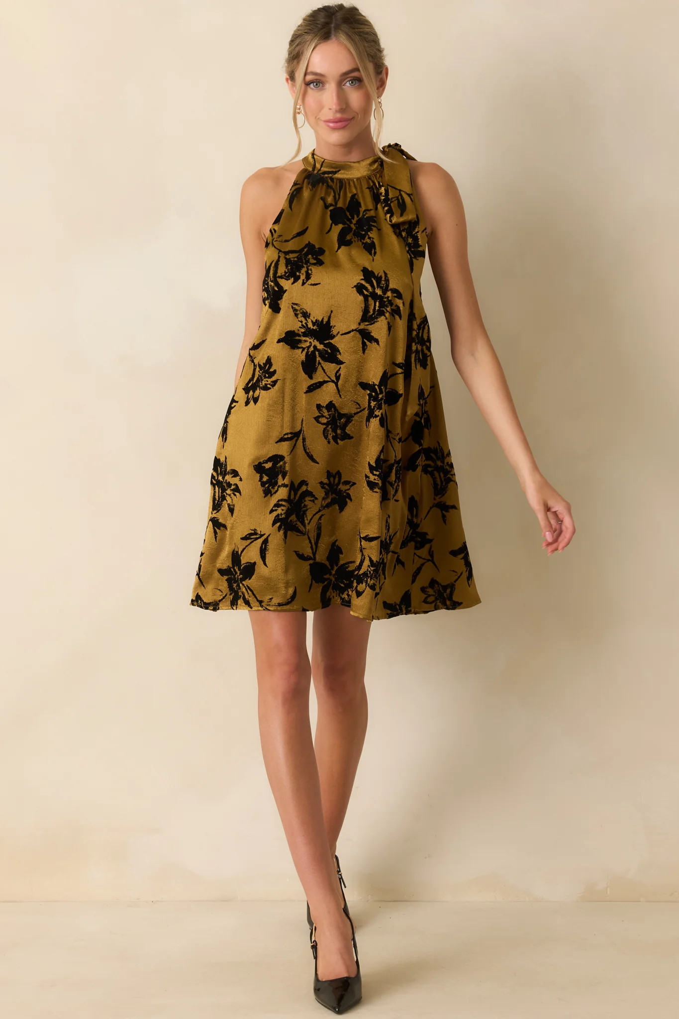All That Glimmers Dark Gold Floral Satin Mini Dress | Red Dress