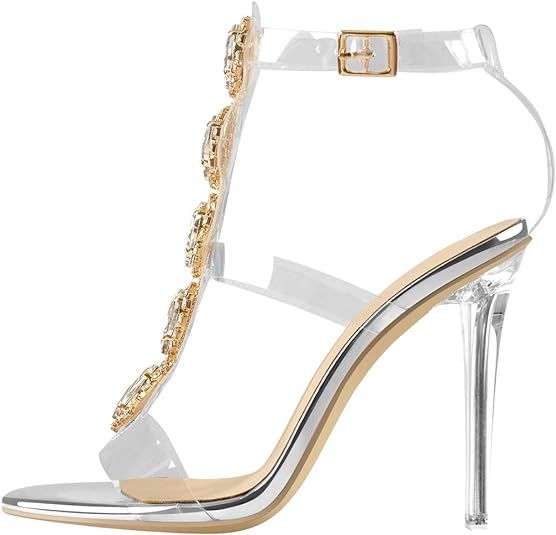 LISHAN Clear Rhinestone Heels for Women Gladiator Strappy Transparent Ankle Strap Crystal Sandals... | Amazon (US)