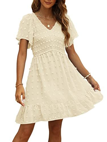 TECREW Women Summer V Neck Short Sleeve Smocked Mini Dress High Waist Chiffon Swing Dress, Purple... | Amazon (US)