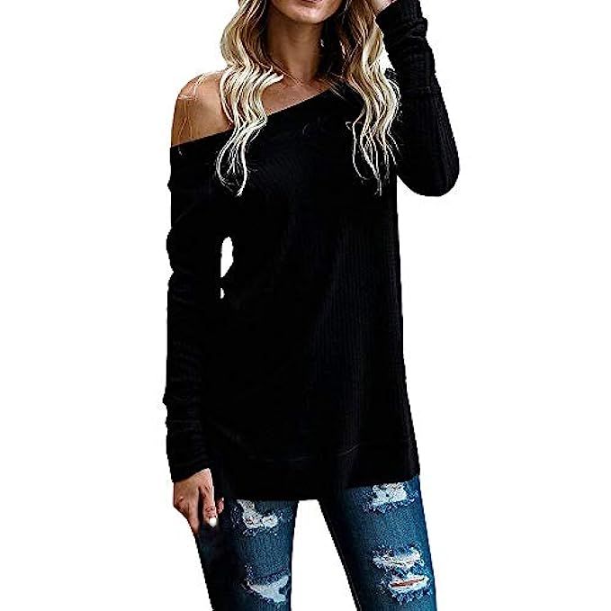 Rambling New Womens Sweaters Off The Shoulder Pullover Sweater Long Sleeve Knit Jumper Blouse Tops | Amazon (US)