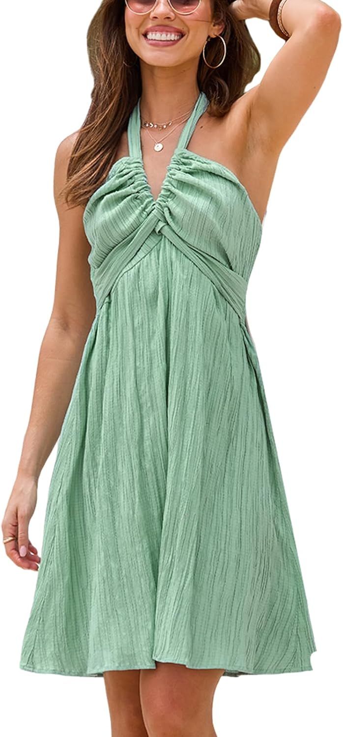 CUPSHE Women's Backless Beach Dress Halter Neck Back Tie Elastic Waist V Neck Mini Summer Dresses | Amazon (US)