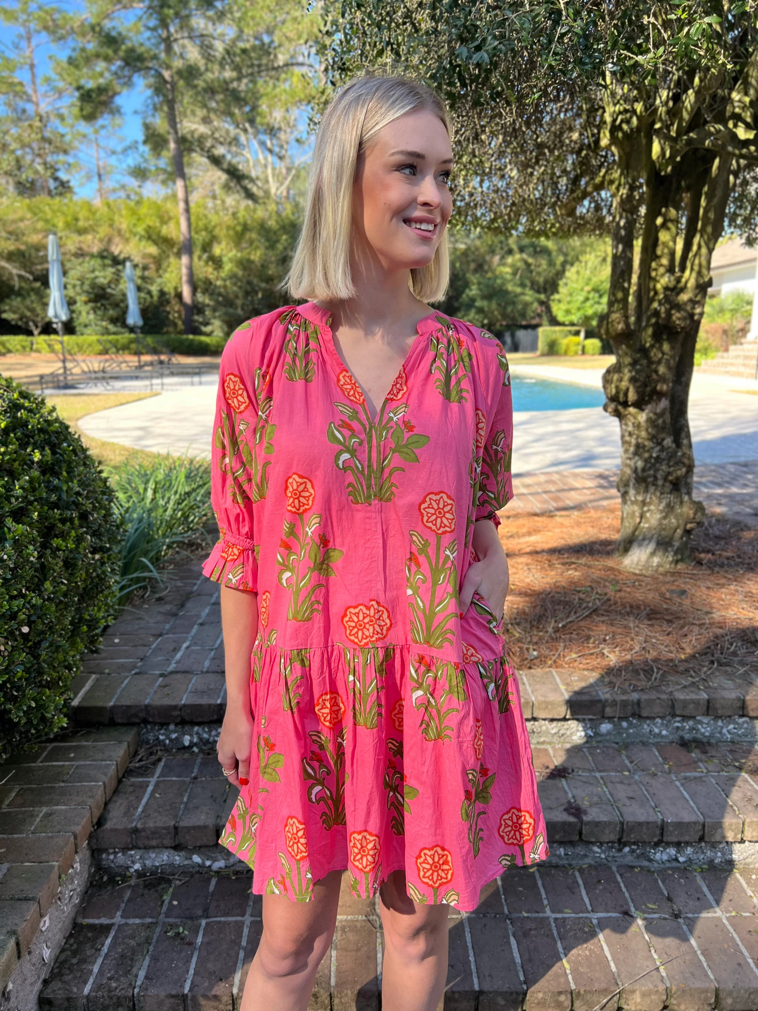 Graced In Floral Pink Puff Sleeve Dress | Caroline Hill