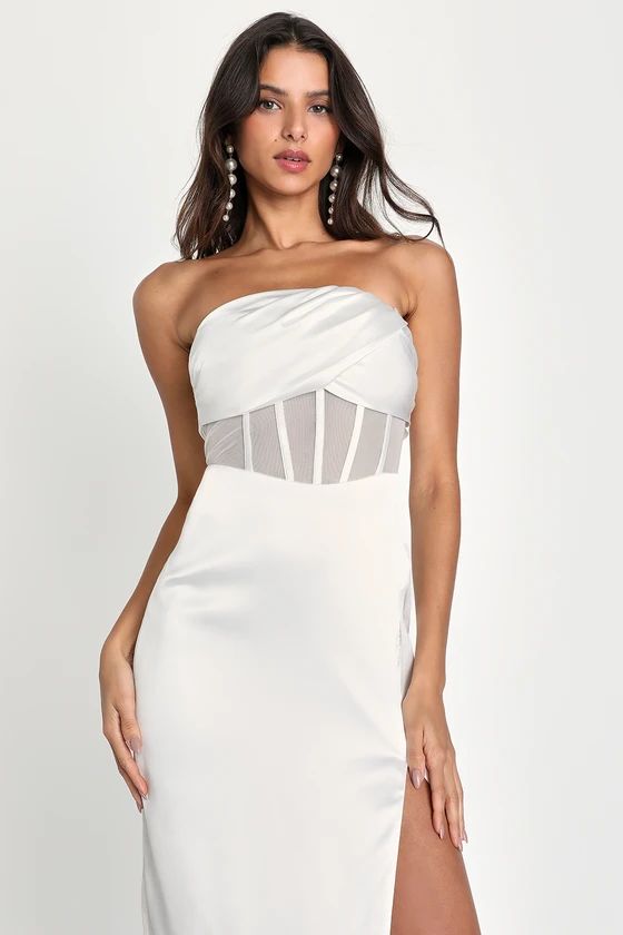High-Class Hottie White Satin Strapless Bustier Midi Dress | Lulus (US)