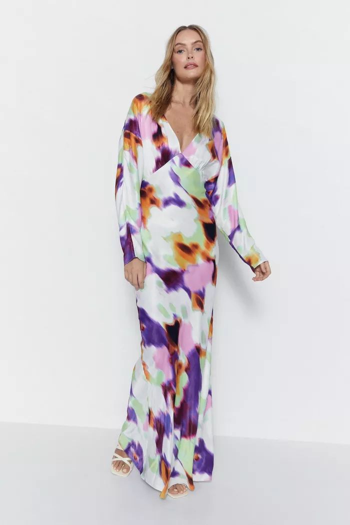 Blurred Abstract Print Satin Batwing Dress | Boohoo.com (UK & IE)