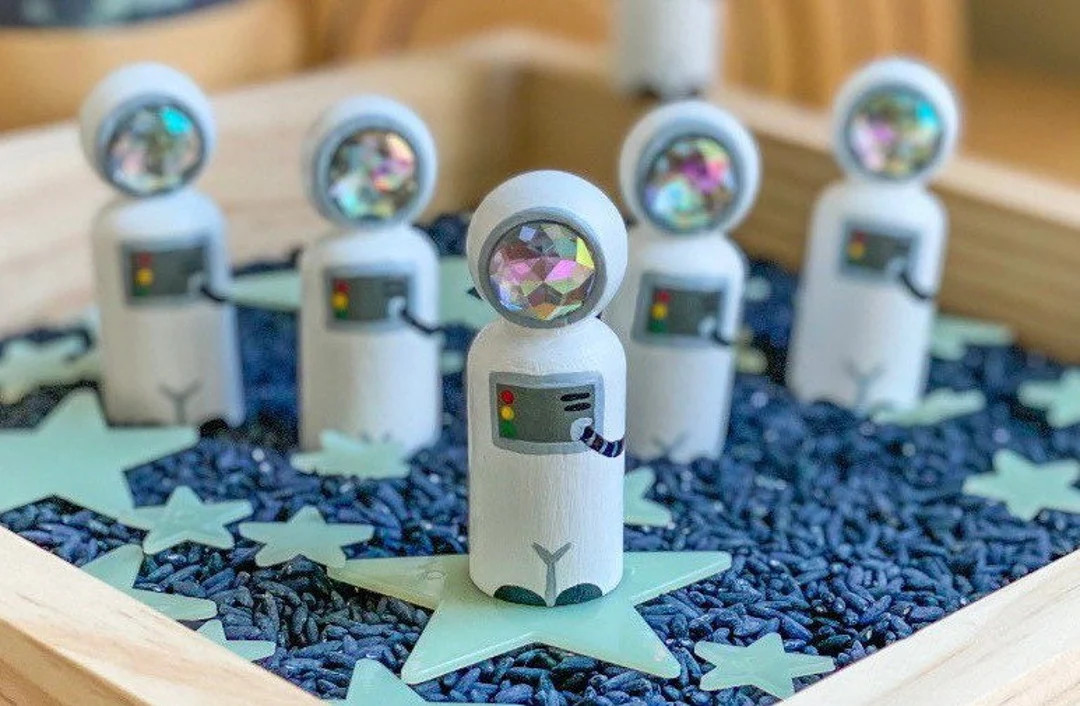 Two Astronaut Peg People Dolls Gem Inlaid Bedazzled Set of Two / Space Man or Woman / Montessori ... | Etsy (US)