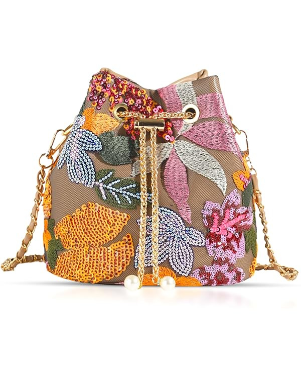 Crossbody Bags for Women, Hand Embroidered Leathers Tot Bag, Carry Handle Bucket bag, Bohemian Ha... | Amazon (US)