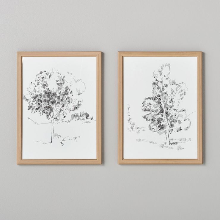 (Set of 2) 12&#34;x16&#34; Tree Sketch Framed Wall Art Black/Cream - Hearth &#38; Hand&#8482; wit... | Target