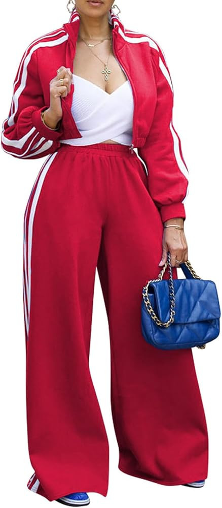 Akmipoem Sweatsuits Women 2 Piece Outfit Striped Tracksuit Long Sleeve Zipper Crop Jacket Wide Le... | Amazon (US)