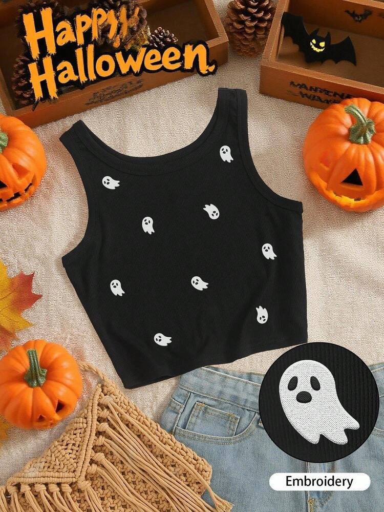 INAWLY Women's Fitted Round Neck Tank Top With Embroidered Ghost Design, For Halloween Party | SHEIN