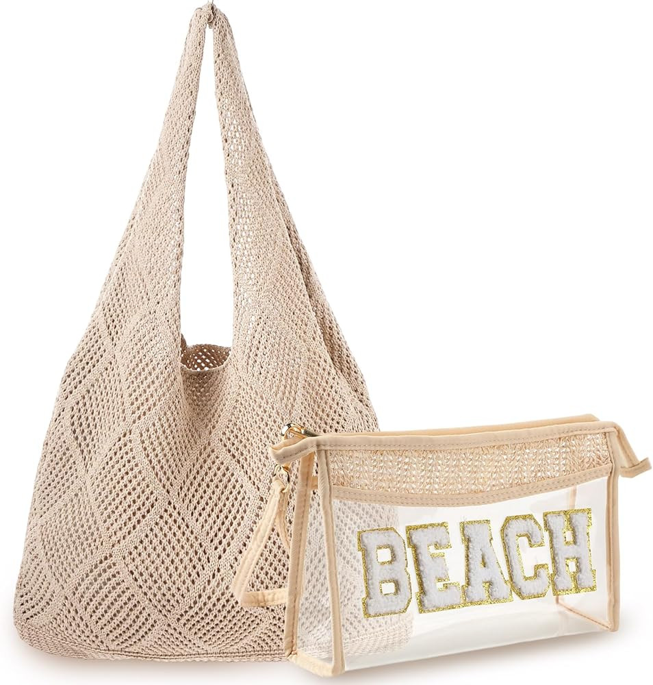 Aliceset 2 Pack Crochet Mesh Beach Tote Bag with Letter Patch Pocket Summer Beach Tote Bohemian S... | Amazon (US)