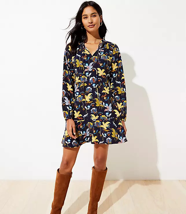 Floral Tie Neck Flare Dress | LOFT | LOFT