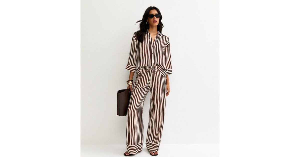 Brown and Cream Soft Touch Striped Wide Leg Trousers | New Look | New Look (UK)