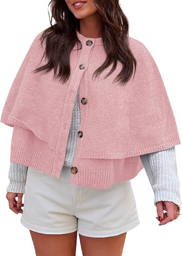 Saodimallsu Womens Cropped Cape Cardigan Button Up Crew Neck Jacket Shawl Fall Trendy Knit Sweate... | Amazon (US)