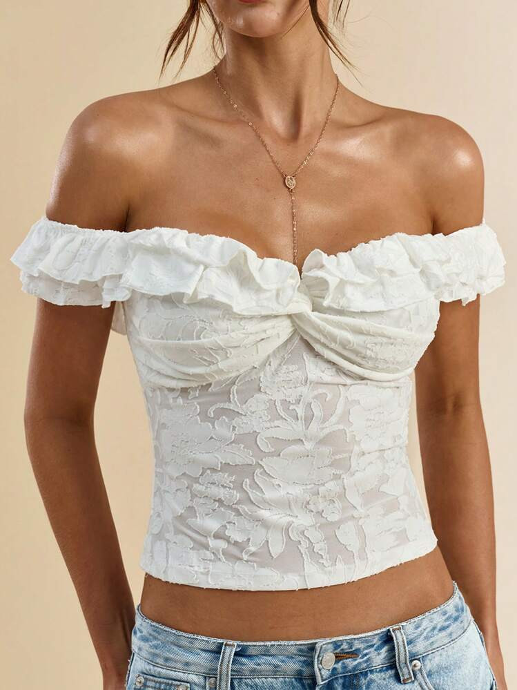 SHEIN BAE Spring And Summer Solid White Texture Floral Three-Dimensional Knitted Off-Shoulder Lotus Leaf Collar Tight-Fitting Elegant Ladies Tops,Summer Tops,Tube Top,Vacation Outfits Woman,White Top,Crop Tops,Cute Tops,Valentine's Day,Valentine Outfits For Women | SHEIN