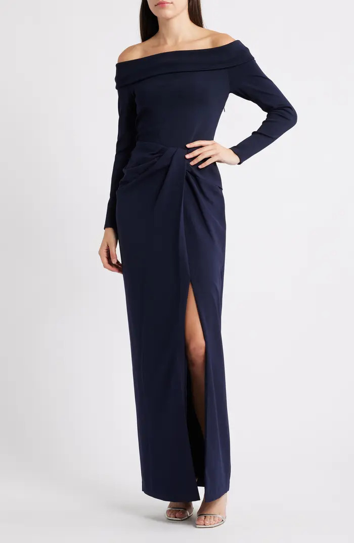 Off the Shoulder Long Sleeve Rib & Crepe Gown | Nordstrom