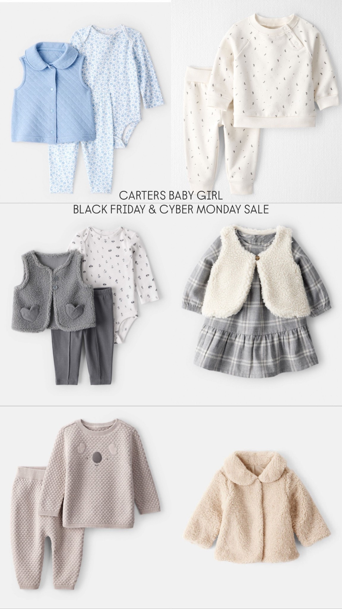 Cyber Monday steals for our baby girls ✨👶🏻💗
Carter’s is having some of the BEST Black Friday + Cyber Monday deals and I rounded up the cutest baby girl outfits so you can stock up for the season. Cozy sets, holiday PJs, everyday basics — all on major sale!
Tap to shop my picks and save while everything is still in stock 🛍️
Perfect for gifting, baby essentials, or building your little one’s winter wardrobe 🤍

• Save this post for later
• Tap to shop directly
• Follow me for more baby deals + gift ideas
• Comment “LINKS” for outfit details

Carter’s. baby girl outfits. baby girl sale. Cyber Monday deals. Black Friday deals. Carter’s baby sale. holiday baby clothes. baby essentials. baby wardrobe. cozy baby outfits. baby girl fashion. LTK baby finds.

#Carters #CartersBaby #BabyGirlStyle #BabyGirlOutfits #LTKBaby #LTKSale #LTKKids #CyberMondayDeals #BlackFridaySale #BabyGirlFashion #MomLifeStyle #BabyShopping #HolidayBabyOutfits 

#LTKCyberWeek #LTKGiftGuide #LTKBaby