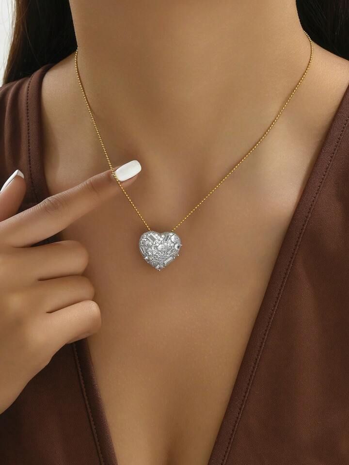 1pc Heart Shaped Necklace With Zirconia Stone Inlay For Women | SHEIN