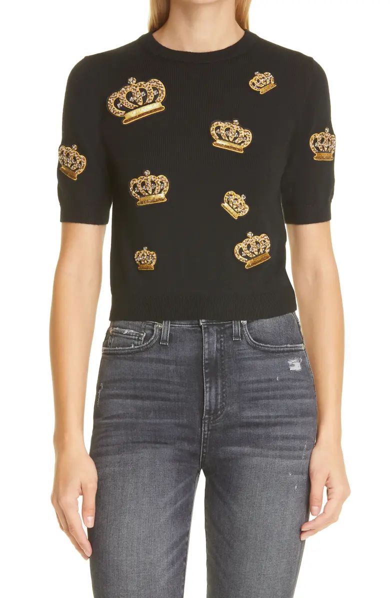 Alice + Olivia Ciara Crown Embellished Wool Short Sleeve Sweater | Nordstrom | Nordstrom