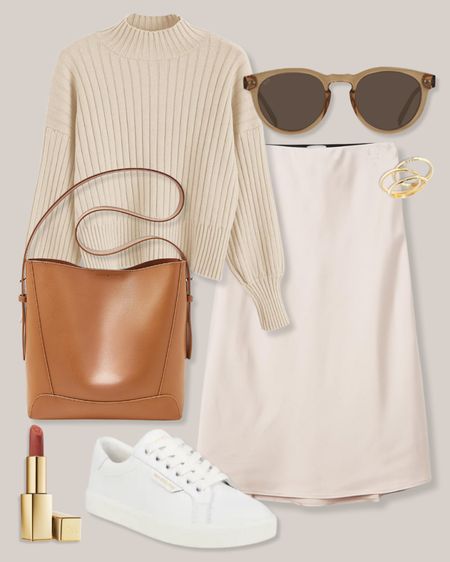 Beige sweater
Cream skirt
Midi skirt
Slip skirt
Beige sunglasses
Brown bucket bag
Tan bag
Pink lipstick 
Gold stacking rings
White sneakers

#LTKSeasonal #LTKstyletip #LTKfindsunder50