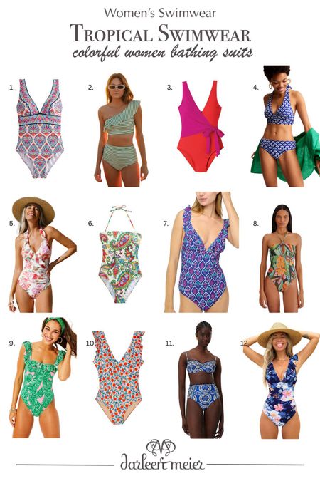 Colorful tropical women’s swimwear bathing suits, one piece suits, bikini for island vacation, spring break