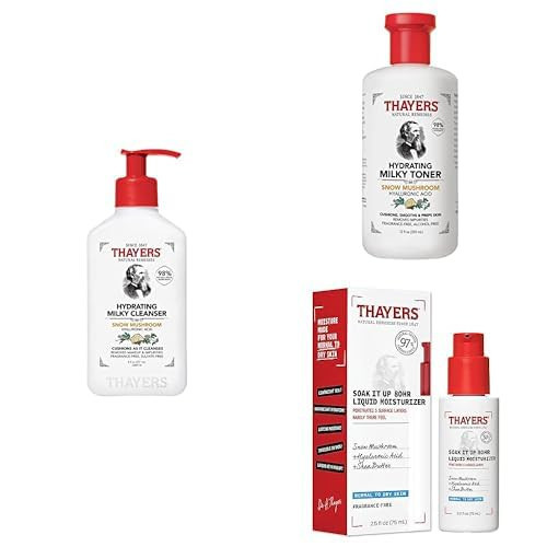THAYERS Milky Hydrating Face Cleanser, 8 FL Oz + Milky Face Toner, 12 FL oz + Soak It Up 80HR Liquid Moisturizer with Hyaluronic Acid & Snow Mushroom, Dermatologist Tested & Recommended for Dry Skin | Amazon (US)
