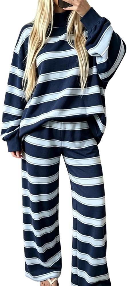 codcm Womens 2 Piece Striped Lounge Set Knit Suit Fall Matching Outfit | Amazon (US)