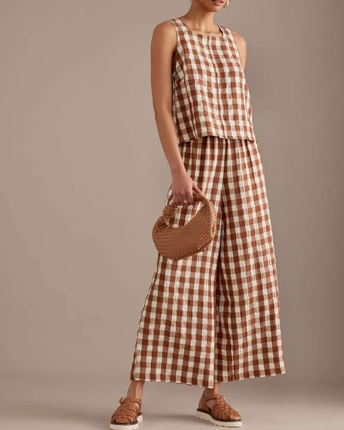 Women 2 Piece Summer Outfits Gingham Lounge Set Y2k Plaid Sleeveless Top Wide Leg Pants Matching ... | Amazon (US)