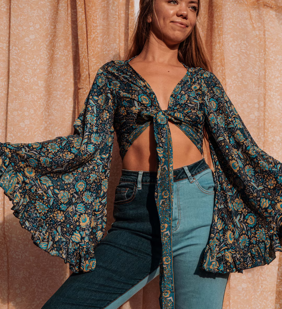 3-way Bell Sleeve Tie Front Hippie Boho Wrap Top, 70s Style Clothing, Vintage Silk Retro Eco Top,... | Etsy (US)