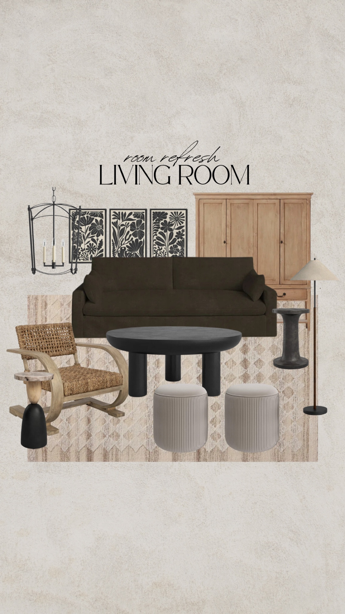 Transitional living room, slipcover sofa, brown sofa, white oak, armoire, checkered rug, velvet ottoman, iron marble end table black chandelier rattan chair, woven chair

#LTKSaleAlert #LTKFindsUnder100 #LTKHome