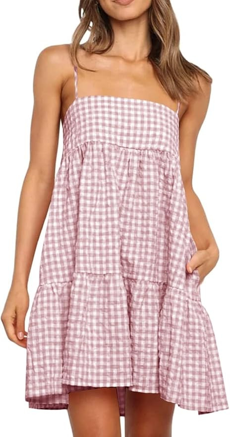 Womens Plaid A-line Dresses Shoulder Straps Ruffle Hem Casual Mini Dress with Side Pocket | Amazon (US)
