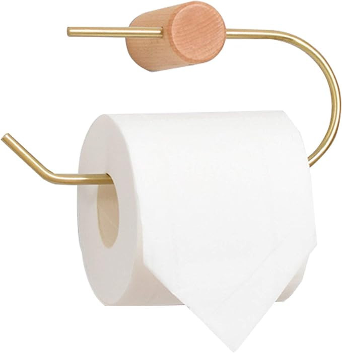 Gold Brass Toilet Roll Paper Holder, Wooden Bath Towel Holder Accessories for Bathroom | Amazon (US)