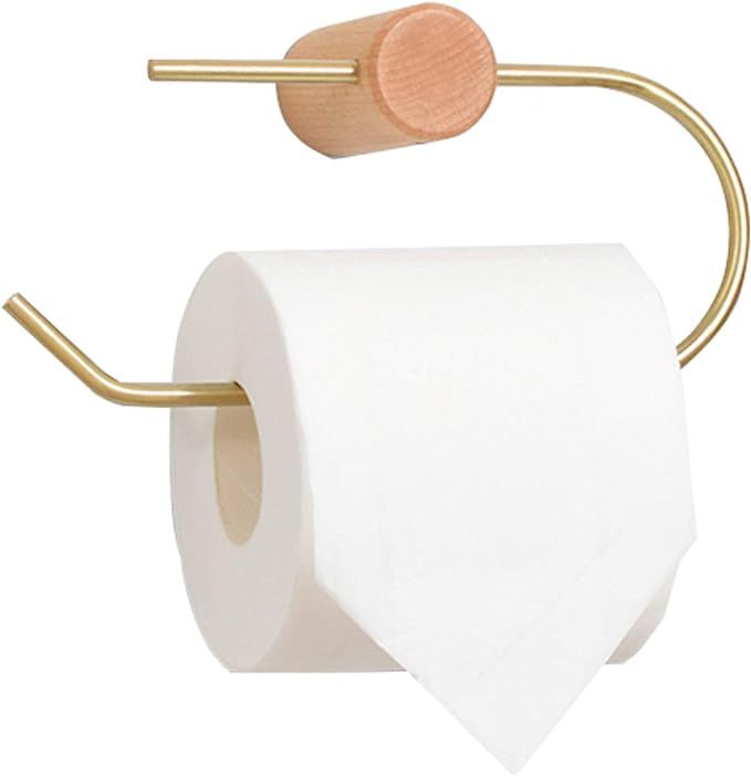 Gold Brass Toilet Roll Paper Holder, Wooden Bath Towel Holder Accessories for Bathroom | Amazon (US)