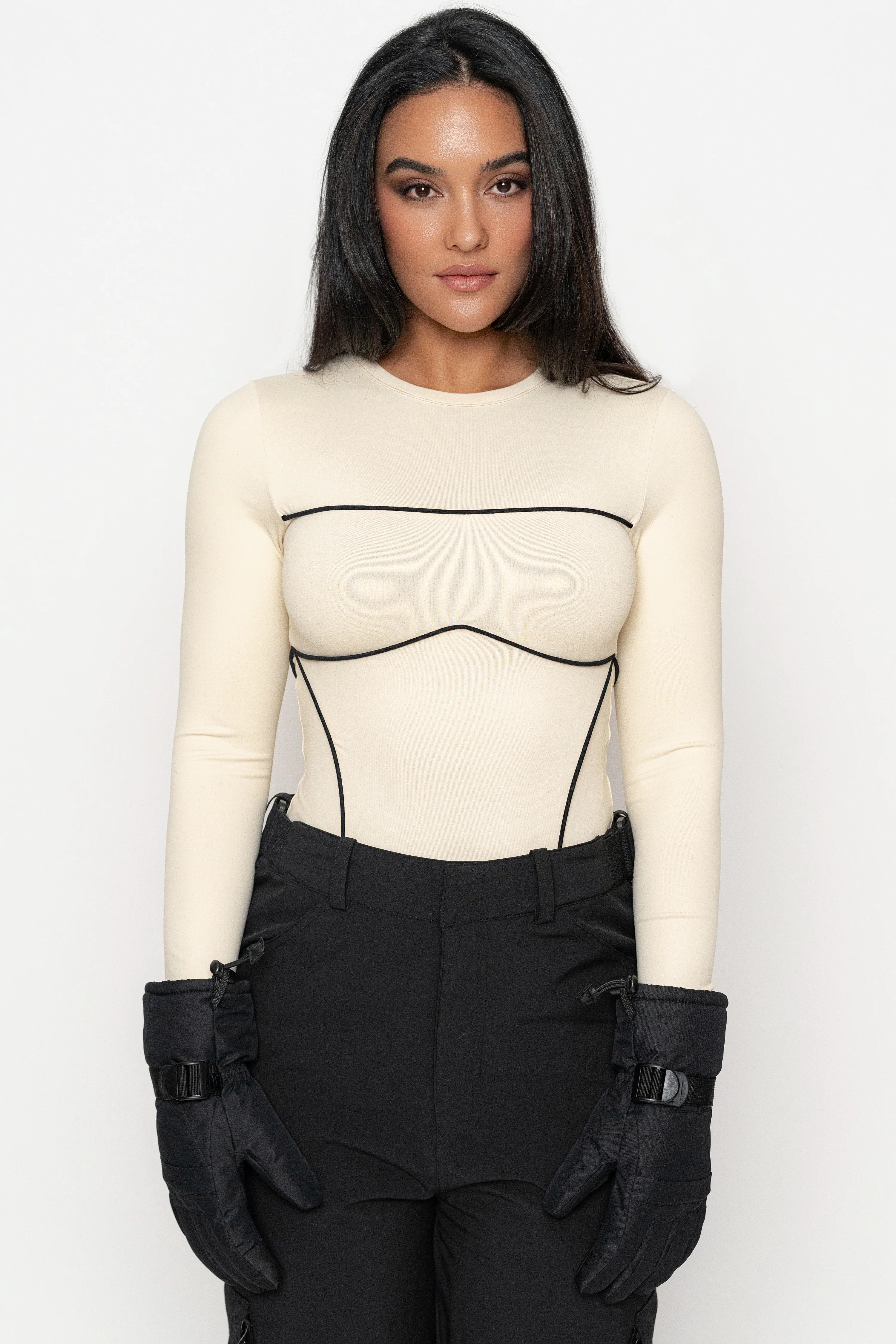 Cream/Black Pilar Piped Bodysuit M | JLUXLABEL