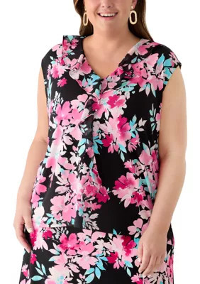 Kasper Women's Plus Size Mixed Media Ruffle Top, Black, 2X | Belk