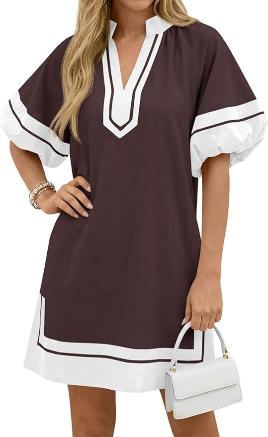 Wenrine Womens Summer Mini Dress Puff Sleeve Casual V Neck Color Block Side Slit Loose Shirt Dres... | Amazon (US)